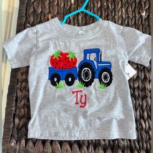 Embroidered Blue Tractor & Strawberries Gray Kids Tee “Ty”